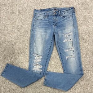 American Eagle Outfitters Women's Light Blue Ripped Skinny Jeans